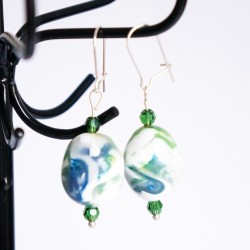 Green and white drop earrings