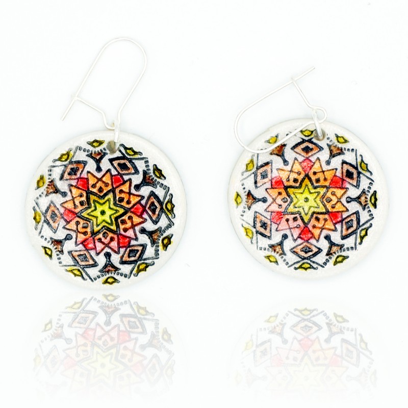 Brown, orange, red, and yellow mandala earrings