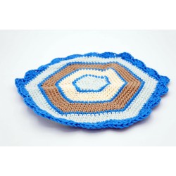 Hexagonal doily in blue, beige, and brown