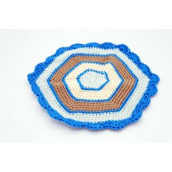 Hexagonal doily in blue, beige, and brown