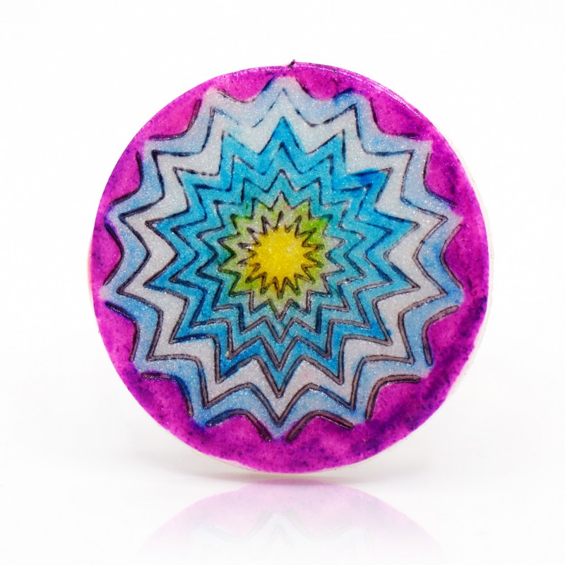 Fancy ring with a yellow, blue, and purple mandala