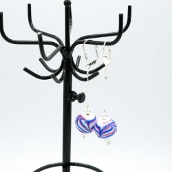 Costume earrings with white, blue, and red glass beads